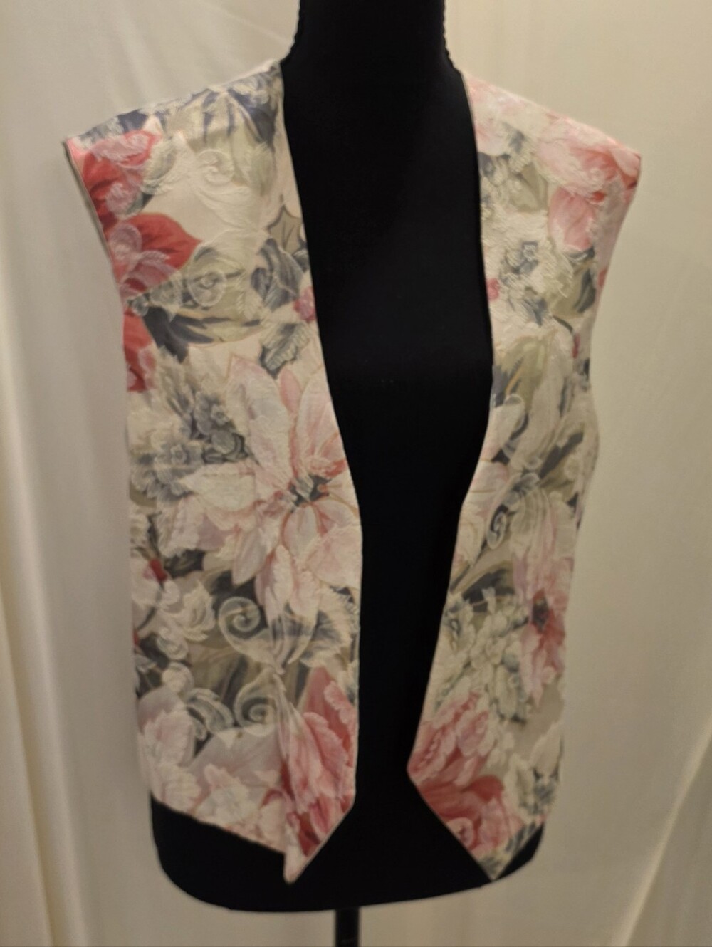 Vintage 90s Floral Tapestry Vest Cream Pink Botanical Open Front Waistcoat L/XL